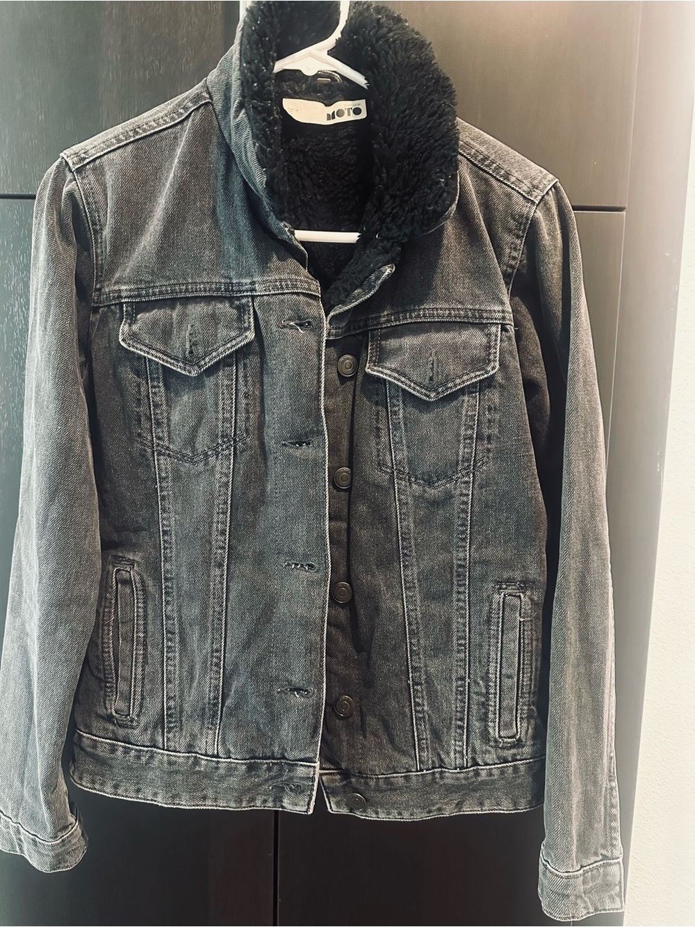 Topshop MOTO Black Sherpa Lined Denim Jacket | US 4
